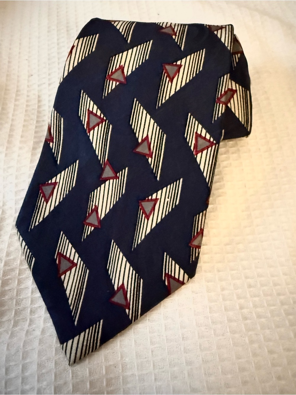 Austin Grey Navy Geometric Silk Tie with Cream Stripes and Burgundy Triangles